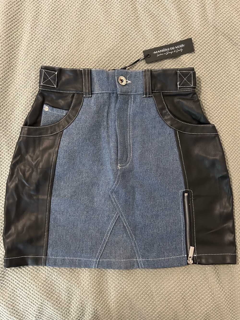 Maniere De Voir Blue Denim and Black Faux Leather Mini Skirt